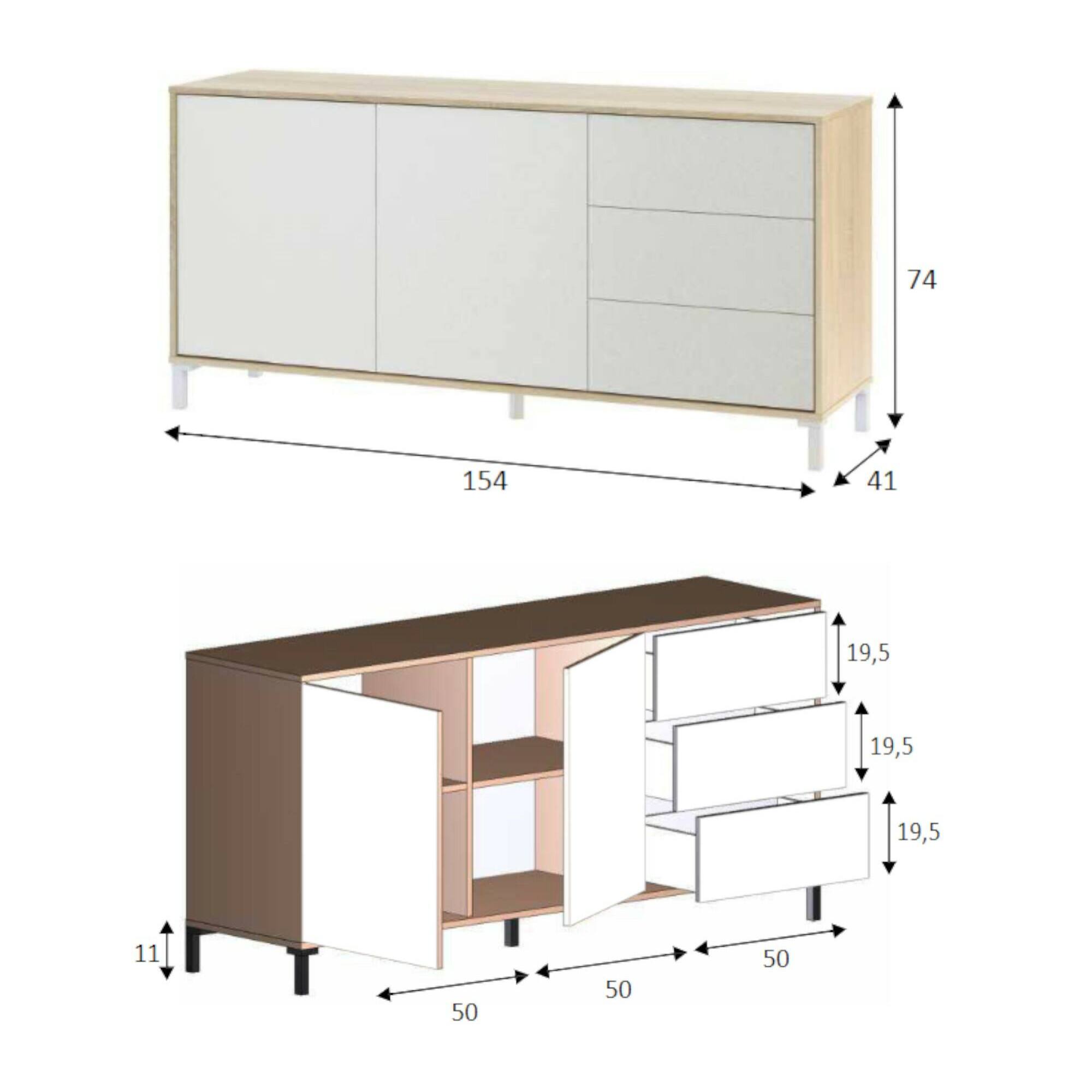 Credenza Concord, Madia moderna a 2 ante e 3 cassetti, Buffet da soggiorno, Mobile porta TV, Madia per salotto, cm 154x41h74, Rovere e Bianco