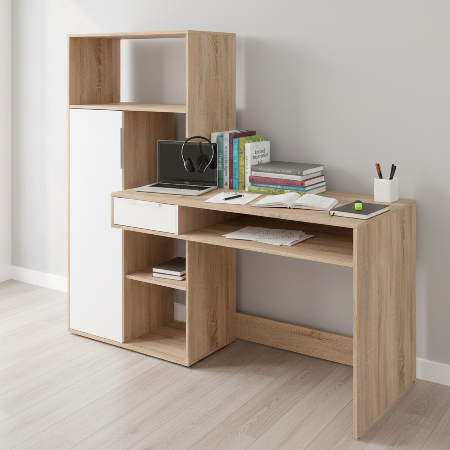 Scrivania Con Libreria Integrata Cassetto E Mobile con Ante Desk Multifunzionale Per Home Office E Studio 162.8 x 60.35 x 155.4 Cm Bianco e Rovere