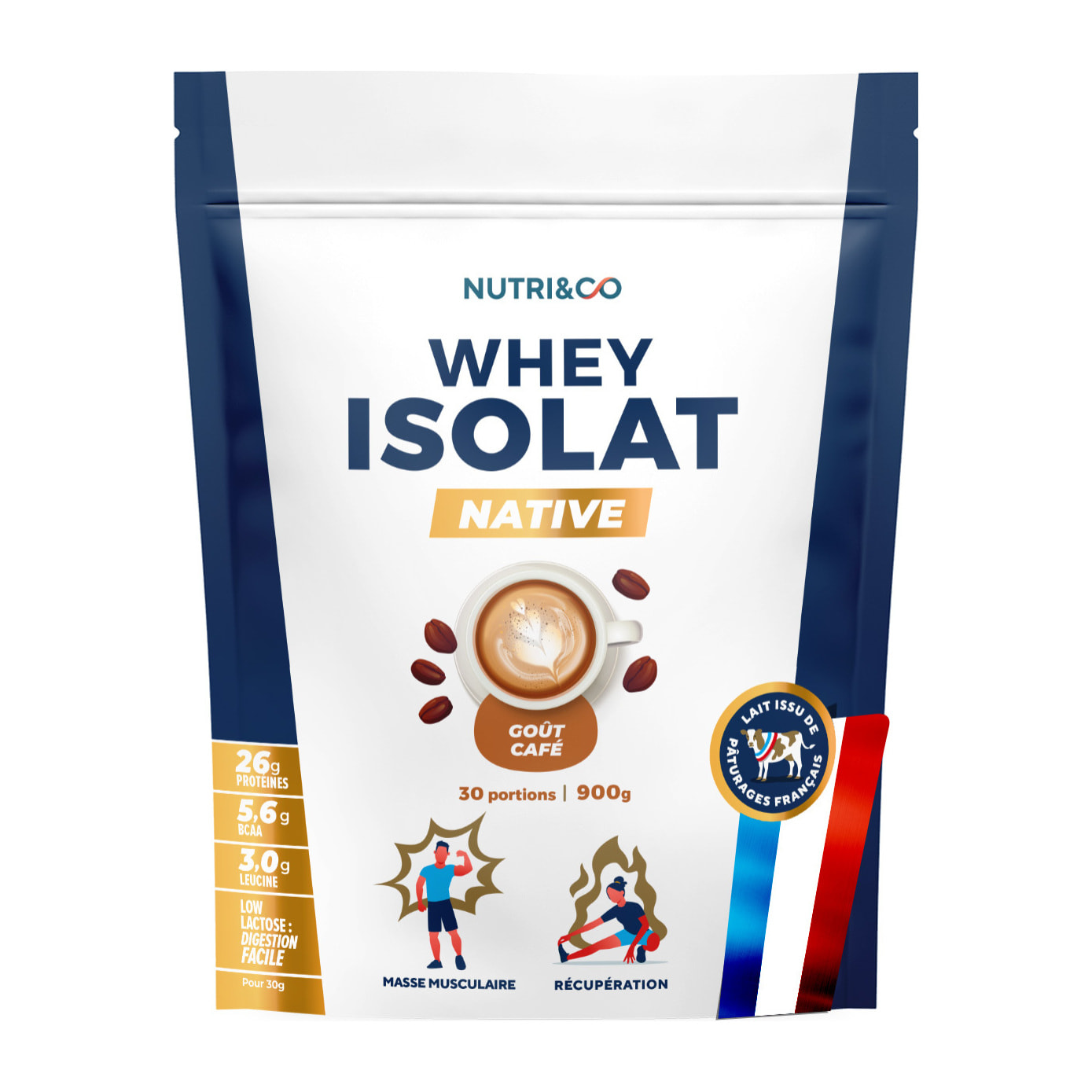 Nutri&Co Protéines Whey Isolat Native en poudre - 900gr Goût Café