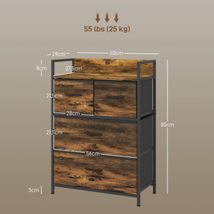 Mueble Organizador Cajonera de Tela con Cajones Plegables y Marco de Acero Estilo Industrial para Salón Recibidor Dormitorio 60x29x85 cm Marrón Rústico