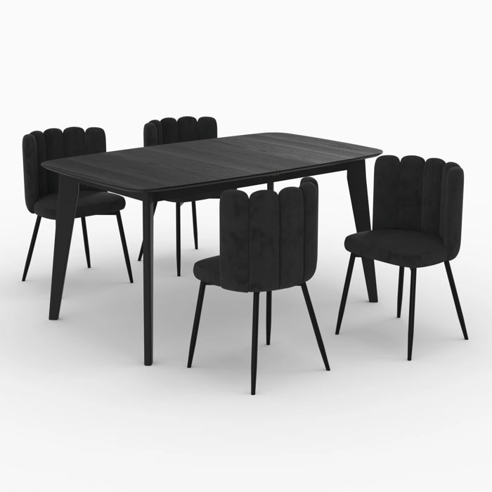 Table et chaises 4 personnes en velours et bois noir - Oman