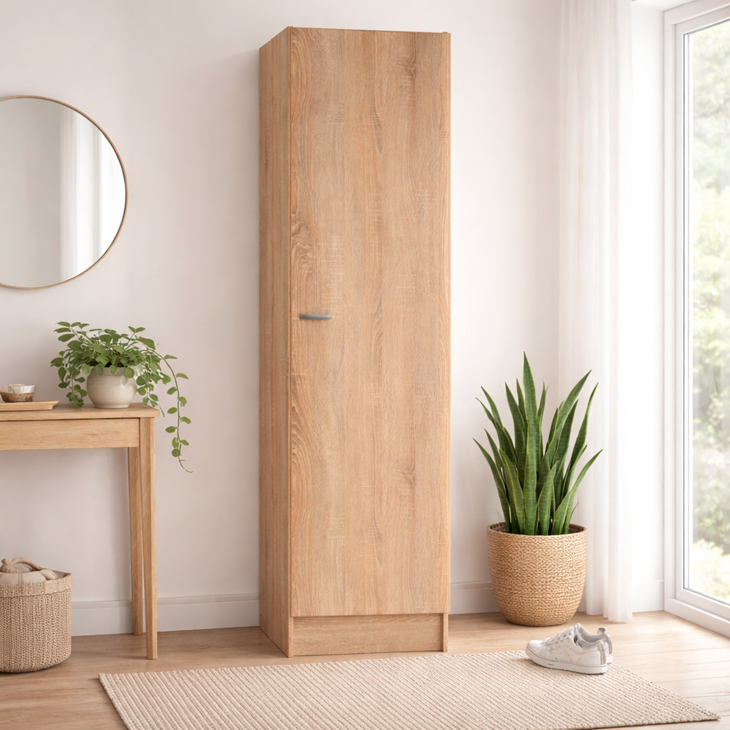 Colonna Armadio Bagno 1 Anta Salvaspazio 4 Ripiani Regolabili Mobile Alto Ingresso Corridoio Ripostiglio Moderno Semplice Con Maniglia In Metallo Argentata 200 x 47.1 x 49.2 Cm Rovere
