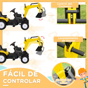 Tractor a Pedales para Niños de +3 Años Excavadora para Niños con Pala Delantera y Bocina Carga 35kg Tractor Infantil para Exterior 107x42x71 cm Amarillo