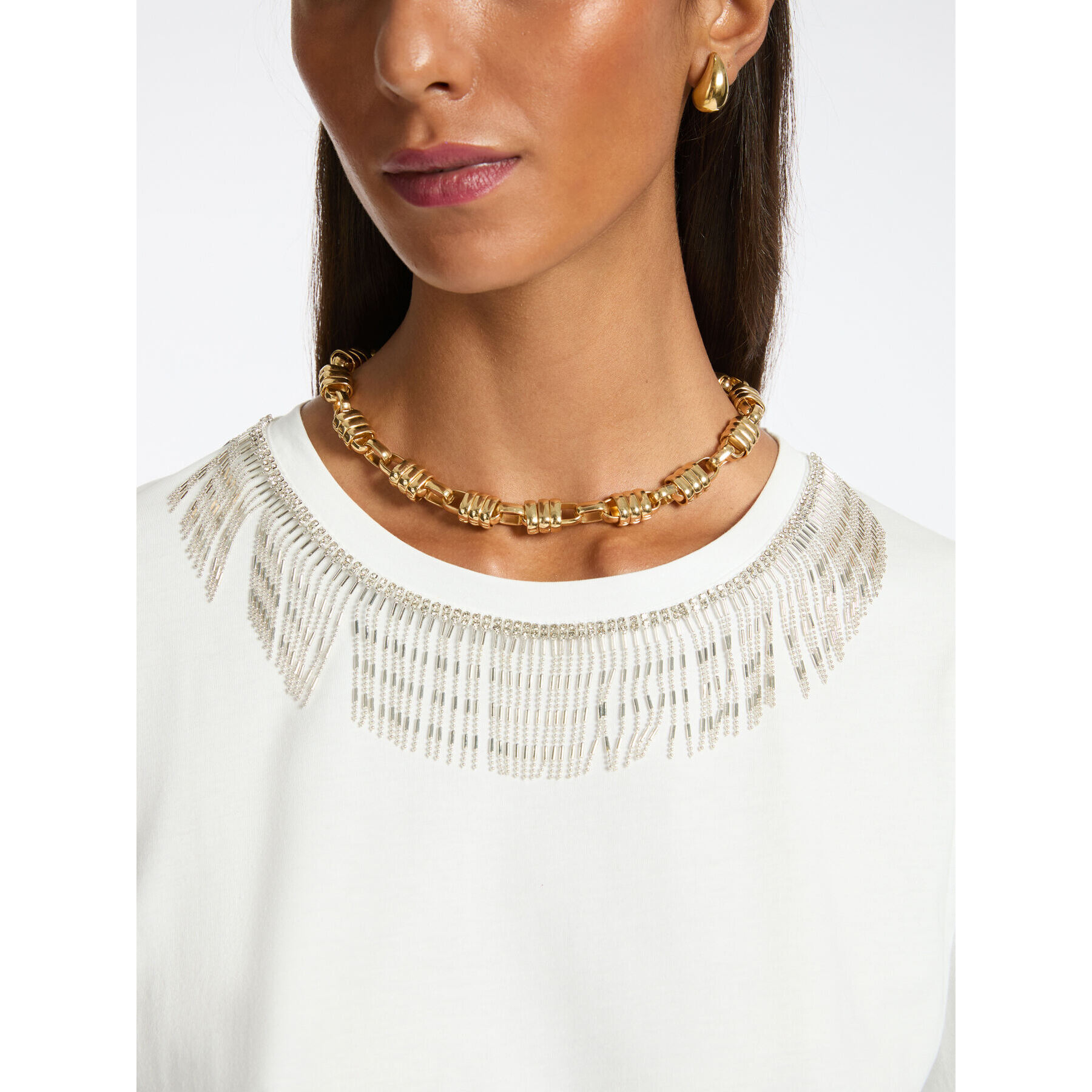 Elena Mirò - T-shirt con frange in strass - Bianco