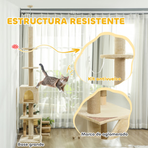 Árbol para Gatos de Suelo a Techo de 225-265 cm Árbol Rascador para Gatos con Altura Ajustable Múltiples Plataformas Escalera Bola Colgante Beige