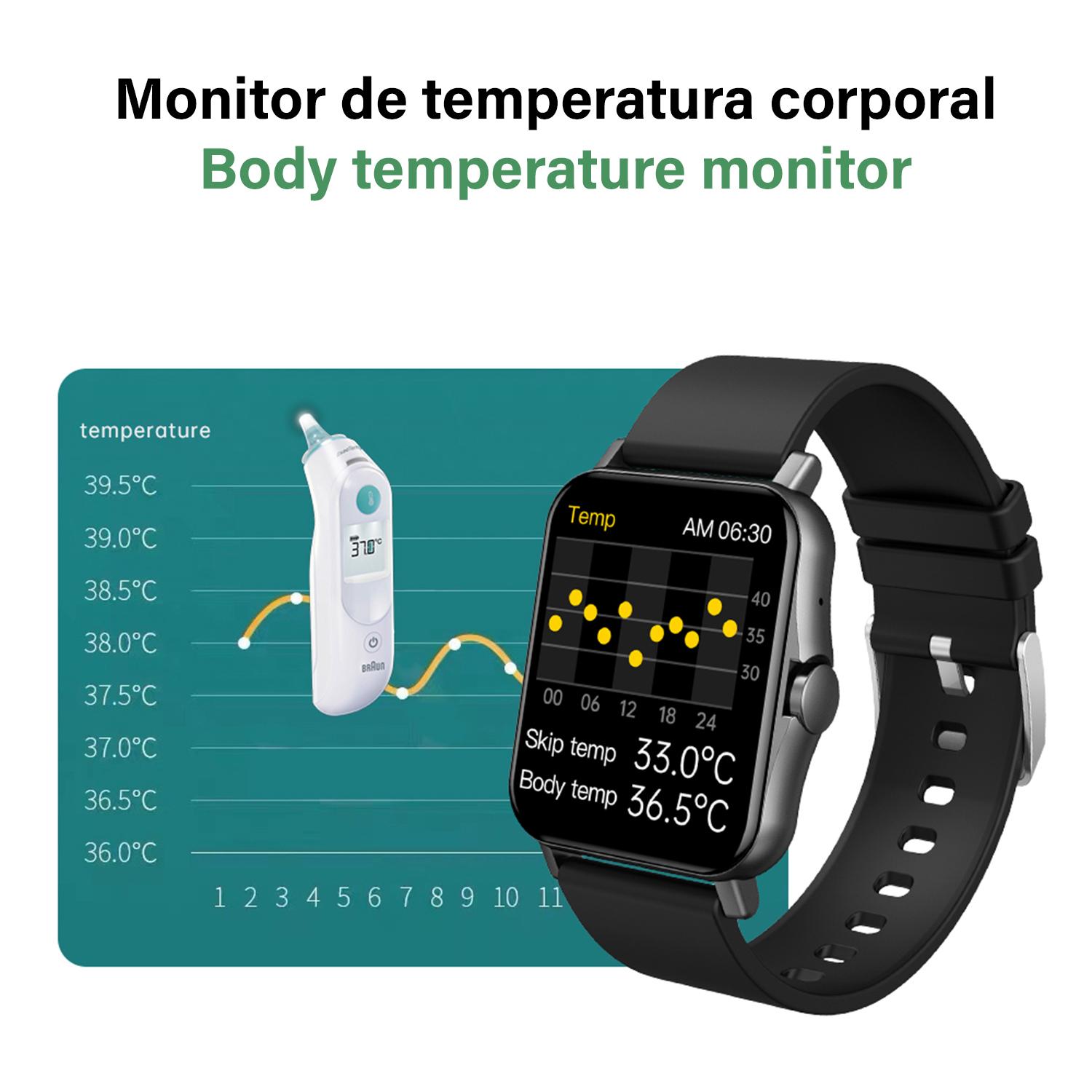 Smartwatch ZW23 con termometro corporeo, pressione sanguigna e O2. Include 15 modalità sportive.