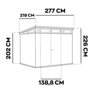 Pent 9x7 - Casetta da Giardino 279x226x218 cm 2 Ante per deposito attrezzi finitura effetto legno Evotech+ in Resina Marrone e Nero