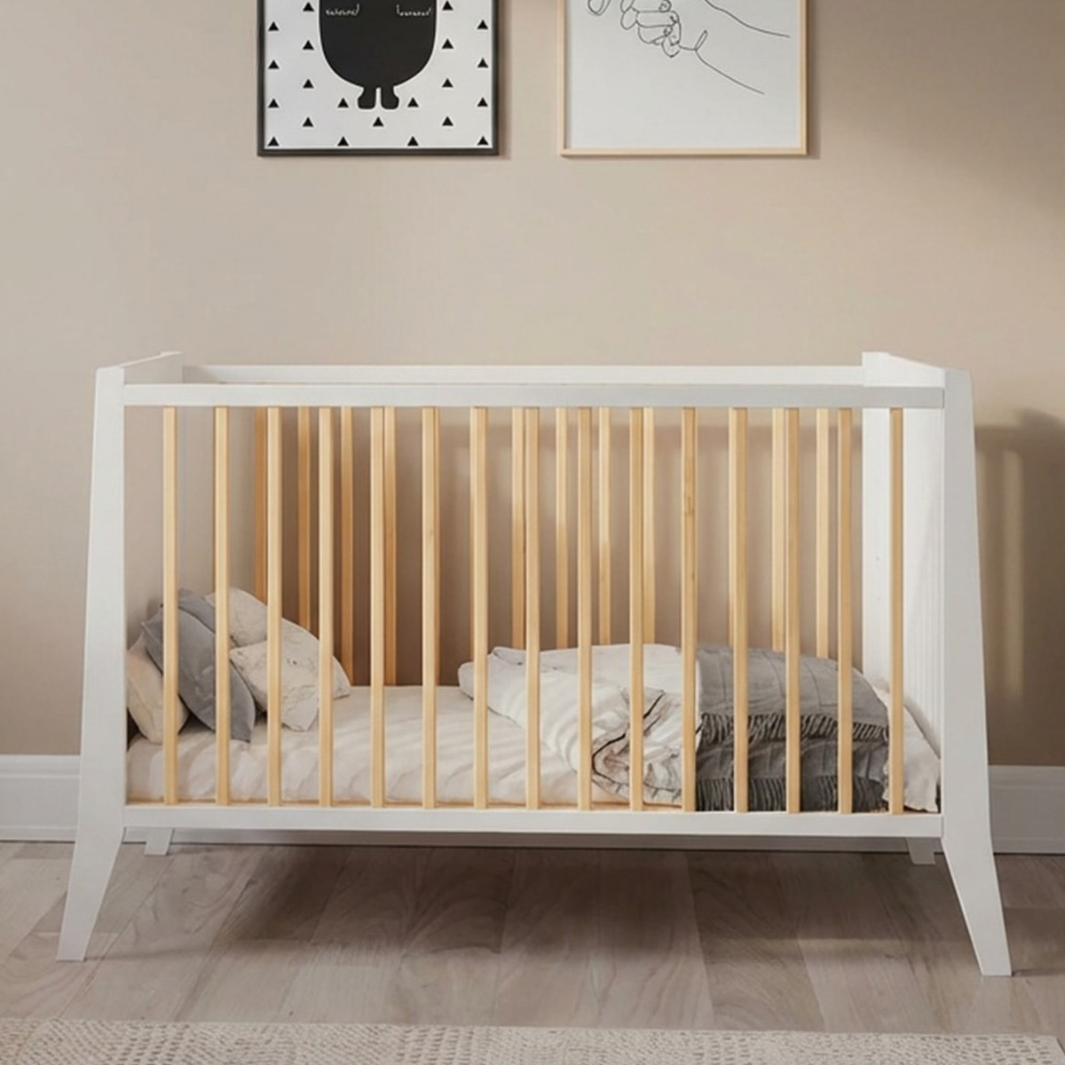 Lit Evolutif Timéo à barreaux 60 x 120 cm, Couleur Blanc & Bois, En Bois, 3 Hauteurs, Barreaux amovibles