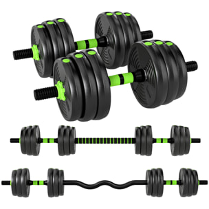 Ensemble d'haltères musculation multifonction 3 en 1 - haltères, Olympic barre, Curl EZ barre - total 20Kg - PVC vert noir