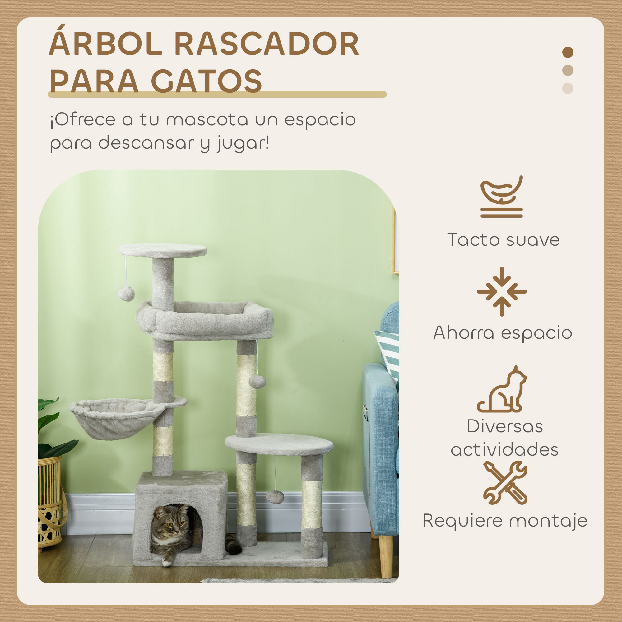 Rascador para Gatos Altura 104 cm Árbol para Gatos Torre de Escalada con Postes Rascadores de Sisal Cueva Plataformas y Bolas Colgantes Gris Claro