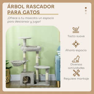 Rascador para Gatos Altura 104 cm Árbol para Gatos Torre de Escalada con Postes Rascadores de Sisal Cueva Plataformas y Bolas Colgantes Gris Claro
