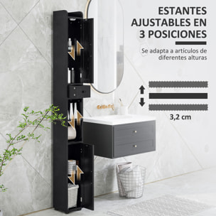 Columna de Baño Estrecha con 2 Puertas Armario Alto de Baño Rústico con Cajón Compartimento Abierto Estantes Ajustables y Portarrollos 20x20x185 cm Negro