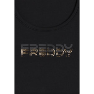 Top sportivo supporto medio in jersey con grafica dorata