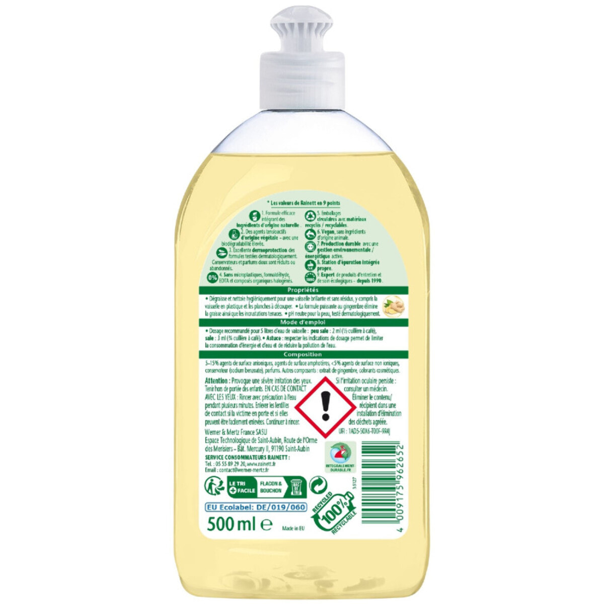 Pack de 8 - Rainett - Liquide Vaisselle Concentré Gingembre 500ml