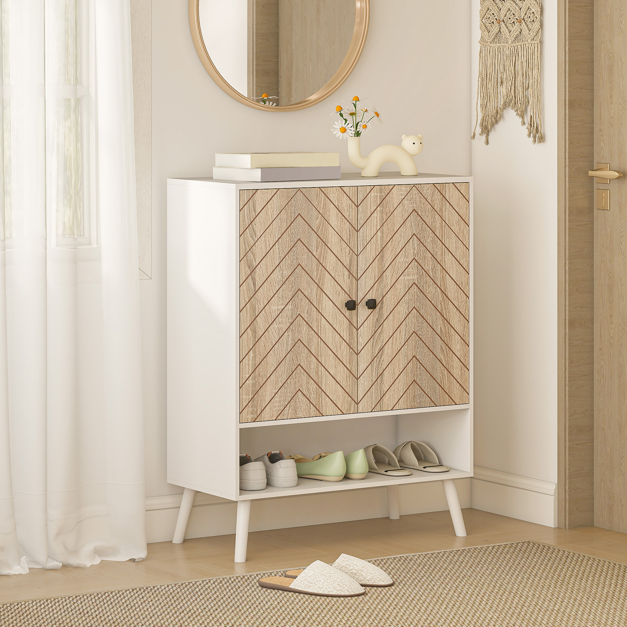 Zapatero de 2 Puertas con Diseño en Espiga, Zapatero Entrada Recibidor con Estantes Ajustables, Compartimento Abierto, para 15 Pares de Zapatos, 75x35x97 cm, Blanco y Natural