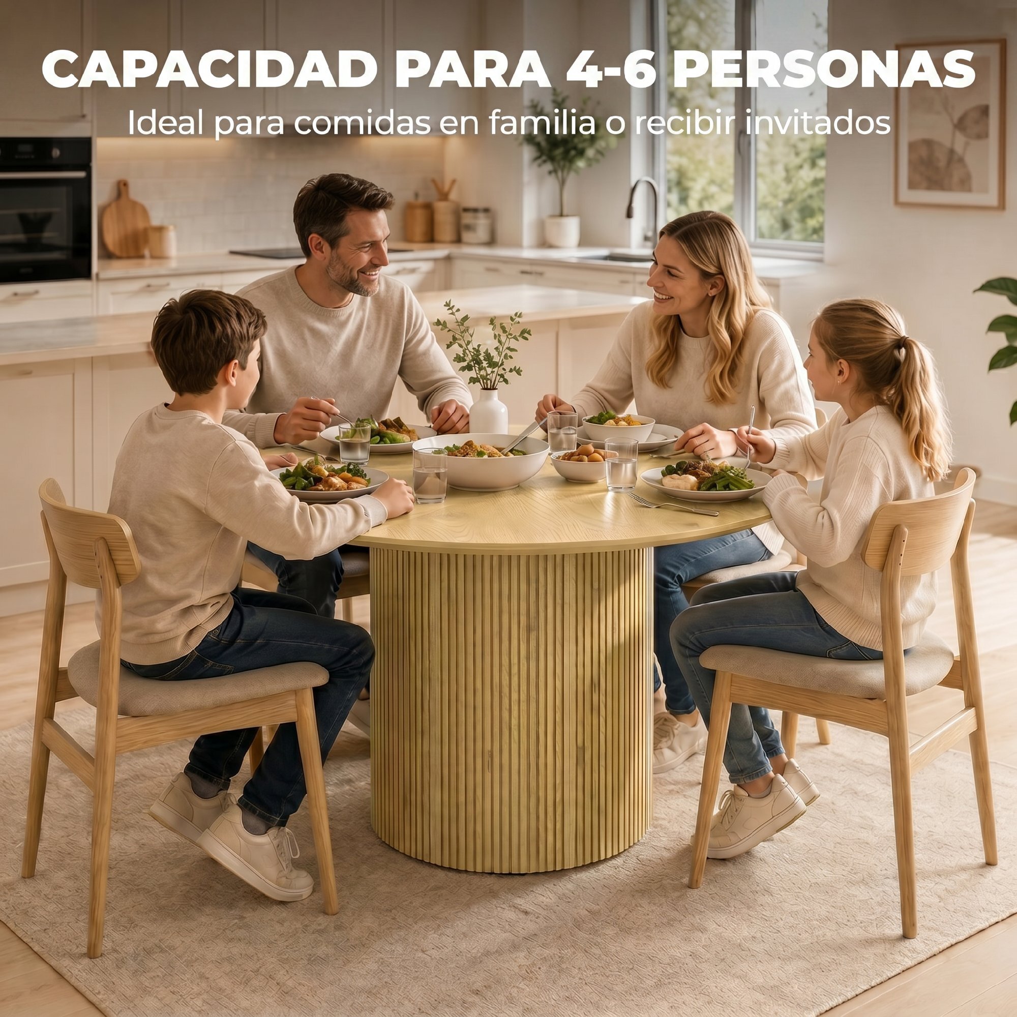 Mesa de Comedor Redonda, Mesa de Cocina para 4-6 Personas con Base Cilíndrica Acanalada, Marco Metálico, para Sala de Estar, Carga 100 kg, Ø110x75 cm, Roble
