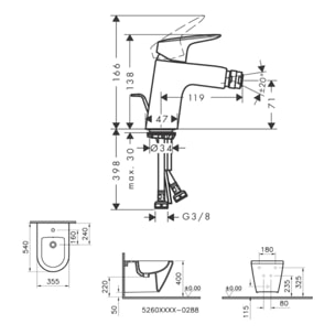 Vitra Integra bidet suspendu + trop-plein, 35,5x54 cm + Hansgrohe Logis 70 Mitigeur bidet (7042-028871204000)