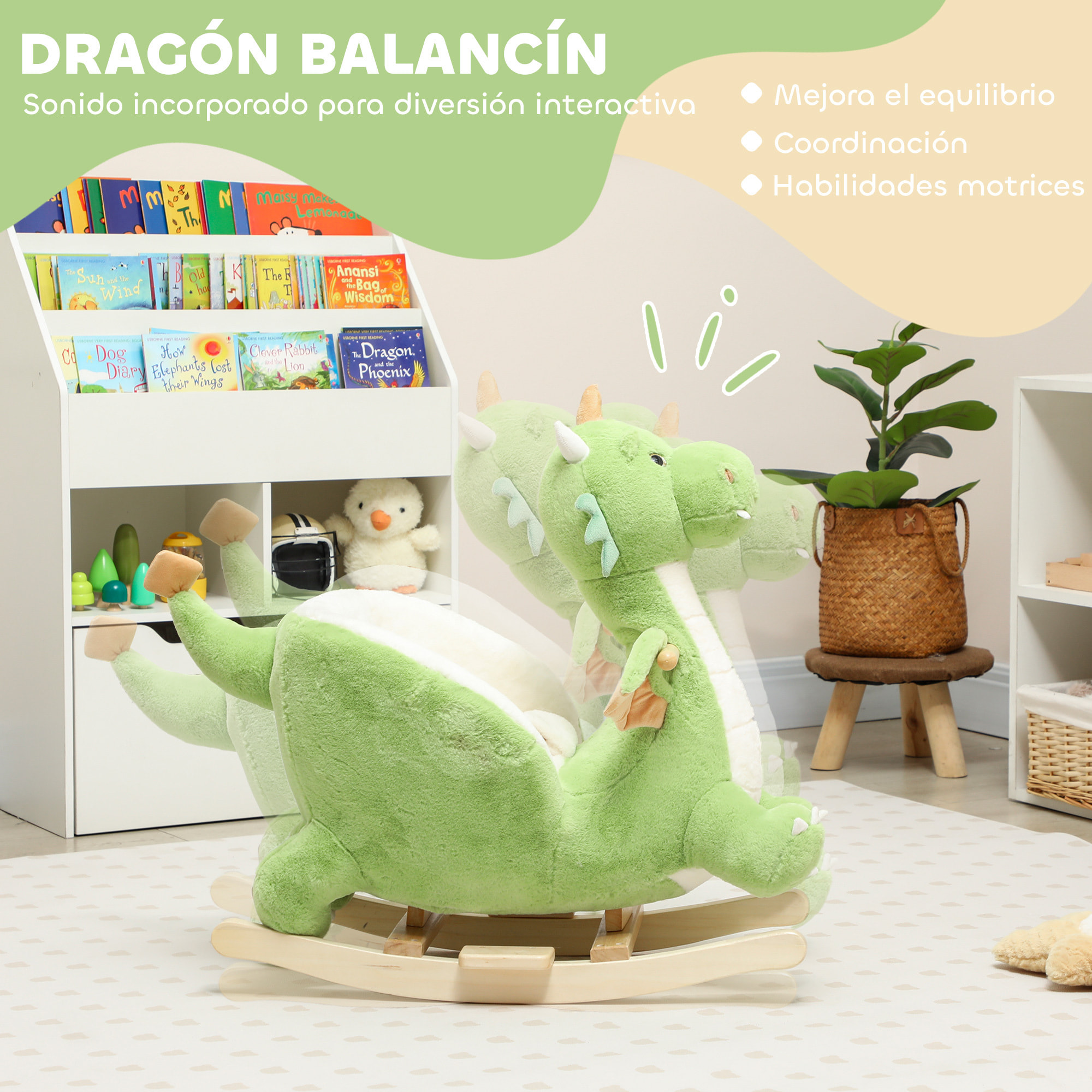 Caballito Balancín para Bebés con Sonido de Dragón, Caballo Balancín de Peluche con Base de Madera, Cinturón de Seguridad, para Niños de 18-36 Meses, Verde