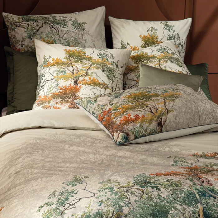 Housse de couette percale de coton lavé imprimé multicolore beige Bois de mystere parchemin