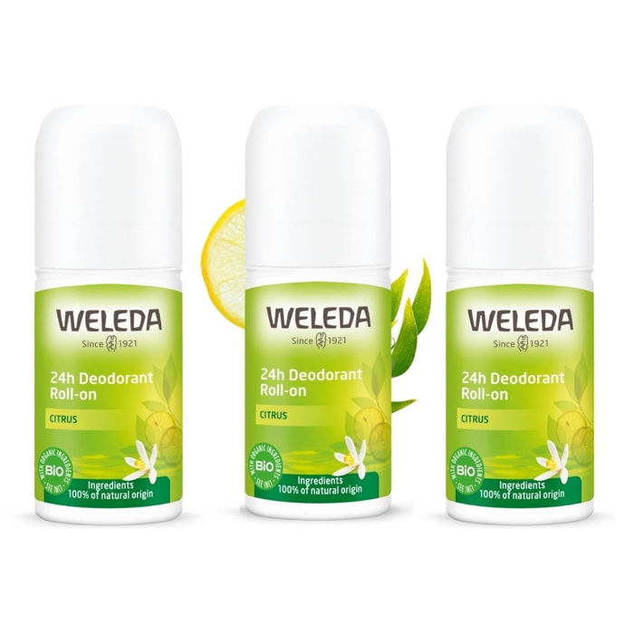 WELEDA -Trio Déodorant roll-on 24H Citrus - 100% d'origine naturelle - Vegan* - Certifié Natrue** - Roll-on 50 ml x 3