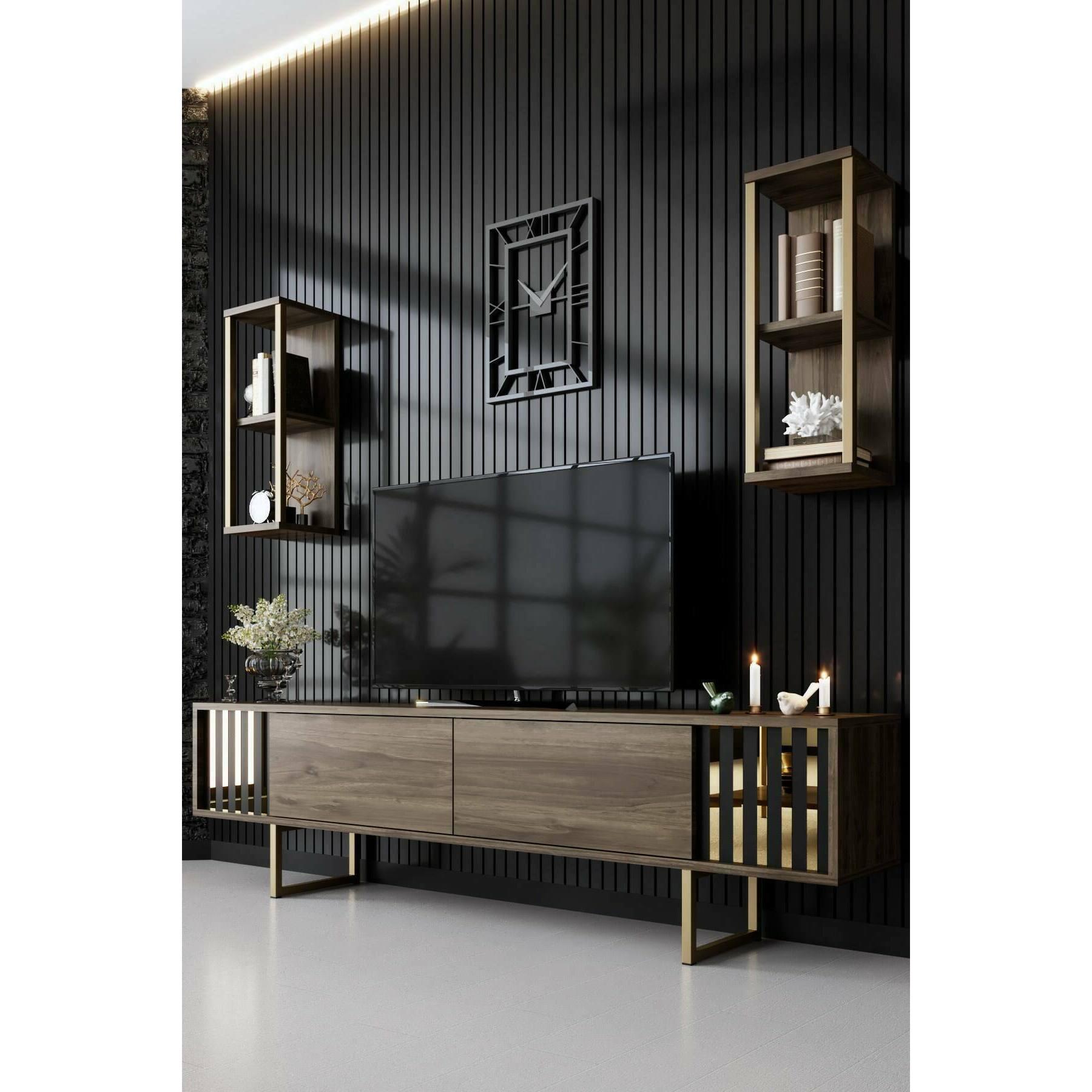 Mobile porta TV Dliveran, Credenza da soggiorno, Armadio basso per TV, Base parete attrezzata, 180x30h48 cm, Noce e Nero