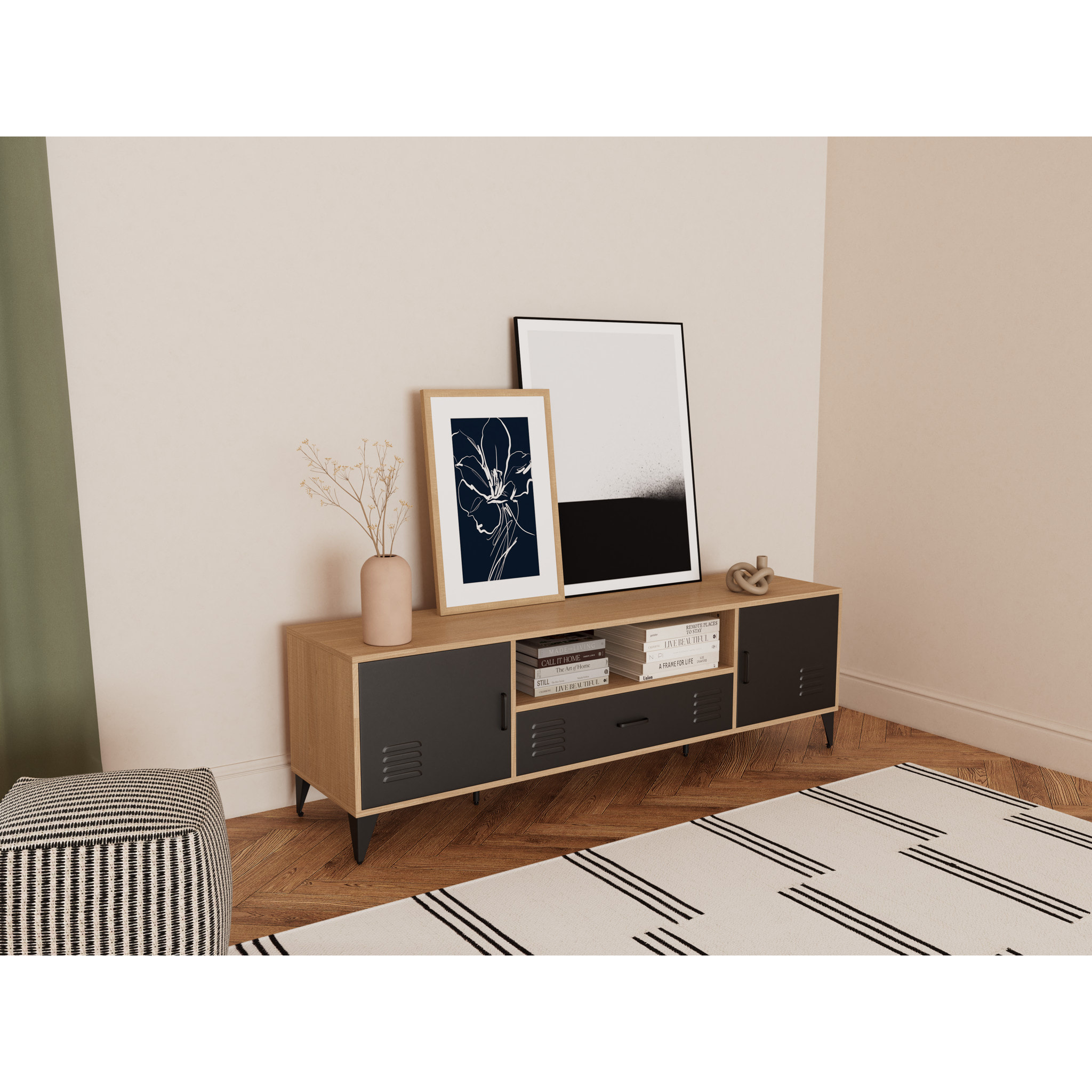 Tribeca - meuble tv - effet bois et métal noir - 2 portes et 1 tiroir - 160 cm - Bois / Noir