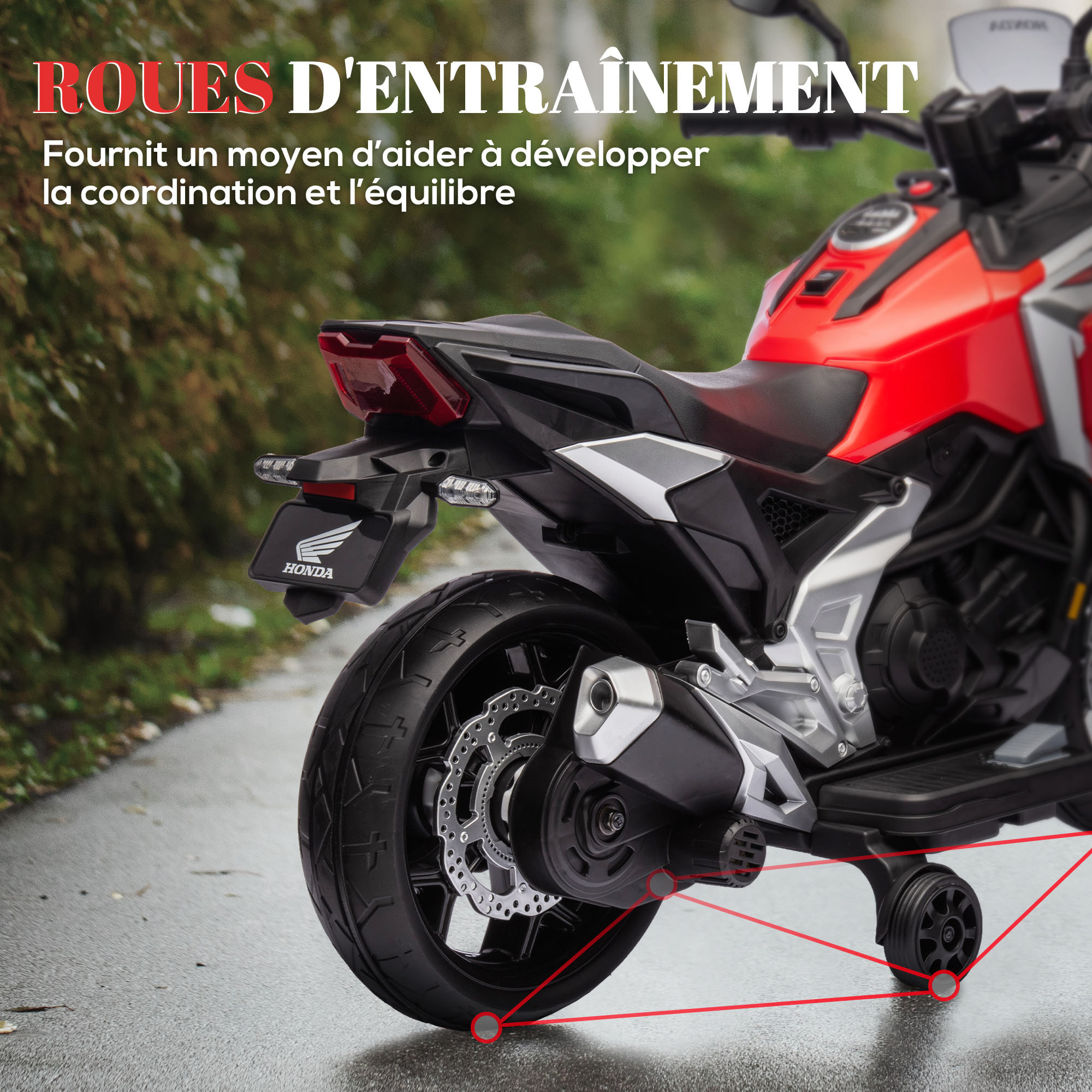 Moto électrique enfant Honda NC750x - musiques, feux AV LED, entrée USB MP3 jack - 2 roues support aux. - rouge