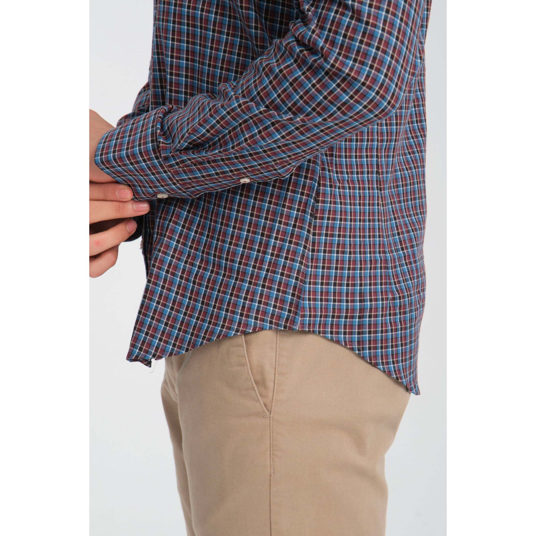 Camicia Uomo 1 Bottoni Button Down Slim Twill Quadro Medio Bordeaux e Blu Chiaro
