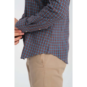 Camicia Uomo 1 Bottoni Button Down Slim Twill Quadro Medio Bordeaux e Blu Chiaro