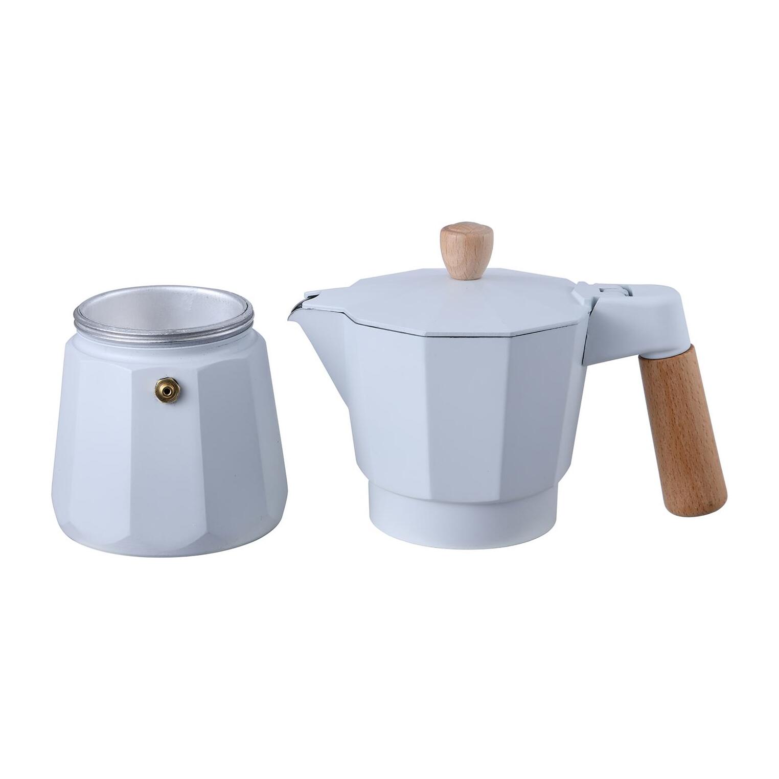 cafetera para 6 tazas en aluminio blanco con mango de madera