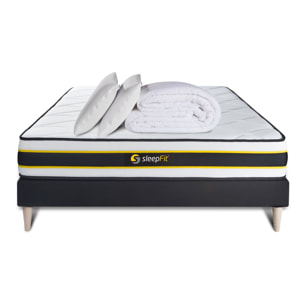 Pack cama completa - Colchón Muelles ensacados y espuma viscoelástica - Kit de base de cama - Negro - Flexy con 2 almohadas y 1 edredón