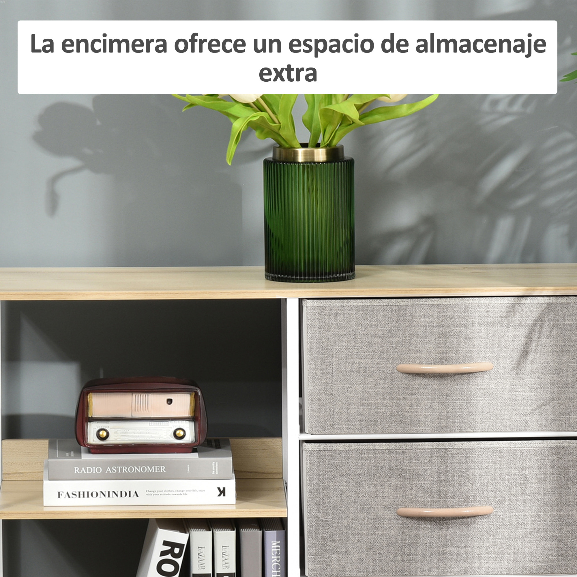 Cajonera de Tela Estrecha, Cómoda de Tela con 3 Cajones Plegables, 2 Estantes Abiertos y Amplia Encimera, Cómoda para Dormitorio, Salón y Pasillo, Natural y Gris Claro