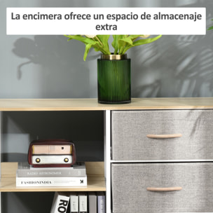 Cajonera de Tela Estrecha, Cómoda de Tela con 3 Cajones Plegables, 2 Estantes Abiertos y Amplia Encimera, Cómoda para Dormitorio, Salón y Pasillo, Natural y Gris Claro