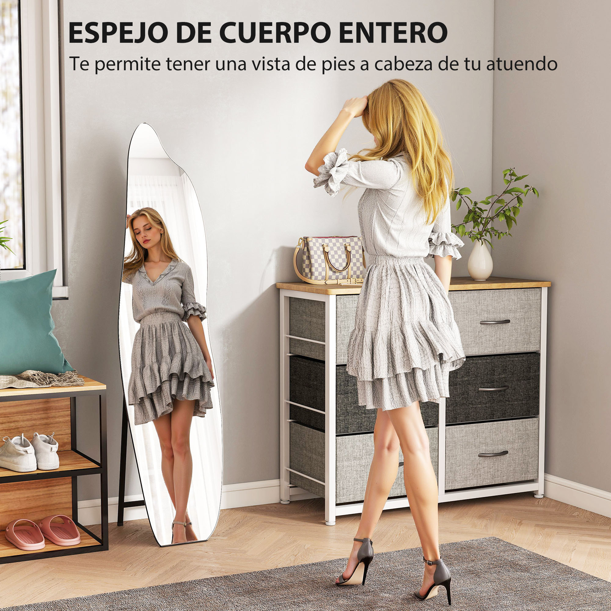 Espejo de Pie Cuerpo Entero 160x40 cm sin Marco, Espejo de Pie Forma Irregular con Soporte Metálico, Montaje en el Suelo o Apoyado contra la Pared, para Salón, Entrada y Dormitorio, Negro