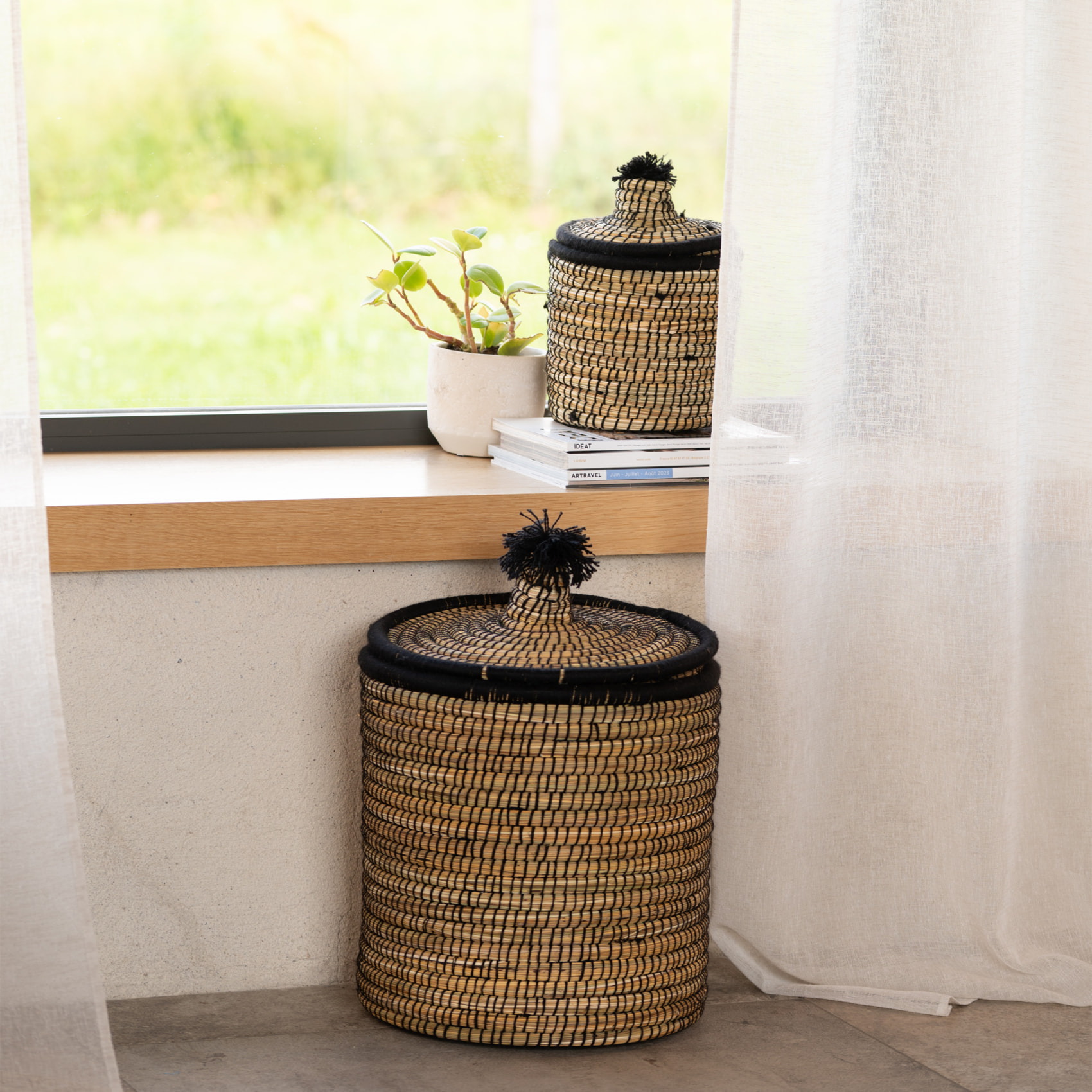 Panier à linge en fibres naturelles et laine - Noir