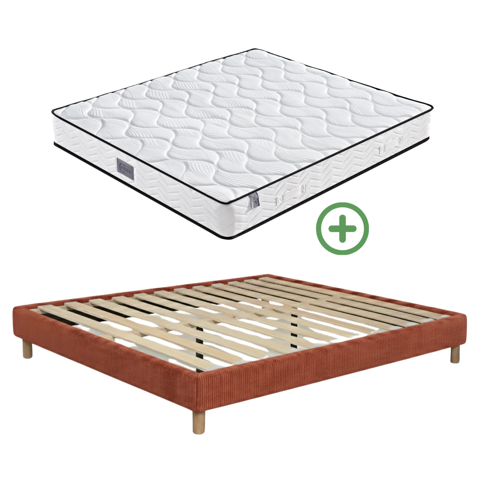 Ensemble matelas Univers & sommier Cancun | Mémoire de forme et ressorts ensachés | Cadre à lattes | Velours côtelé | Terracotta