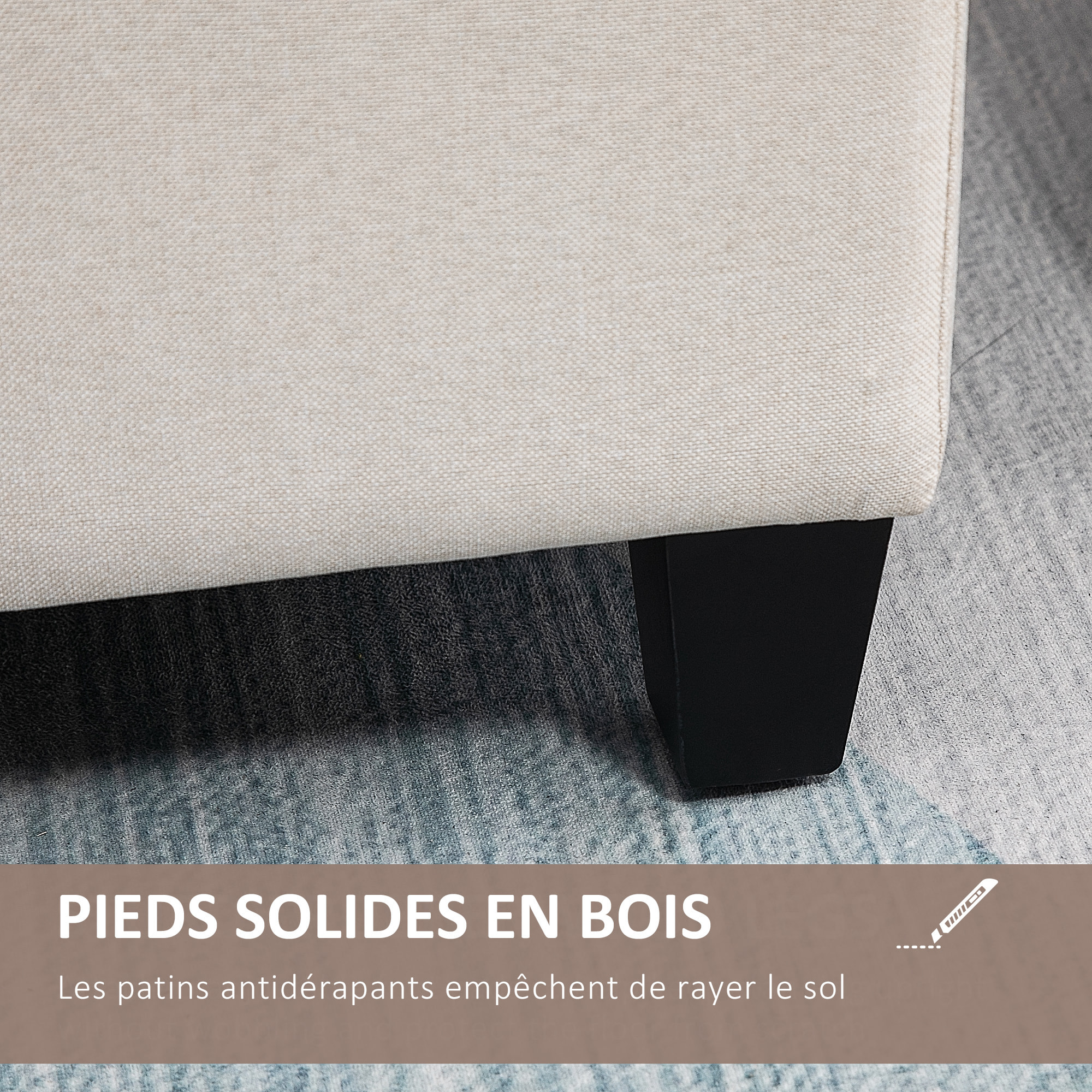 Banquette coffre de rangement style Chesterfield dim. 100 x 40 x 44 cm piètement bois noir tissu beige clair