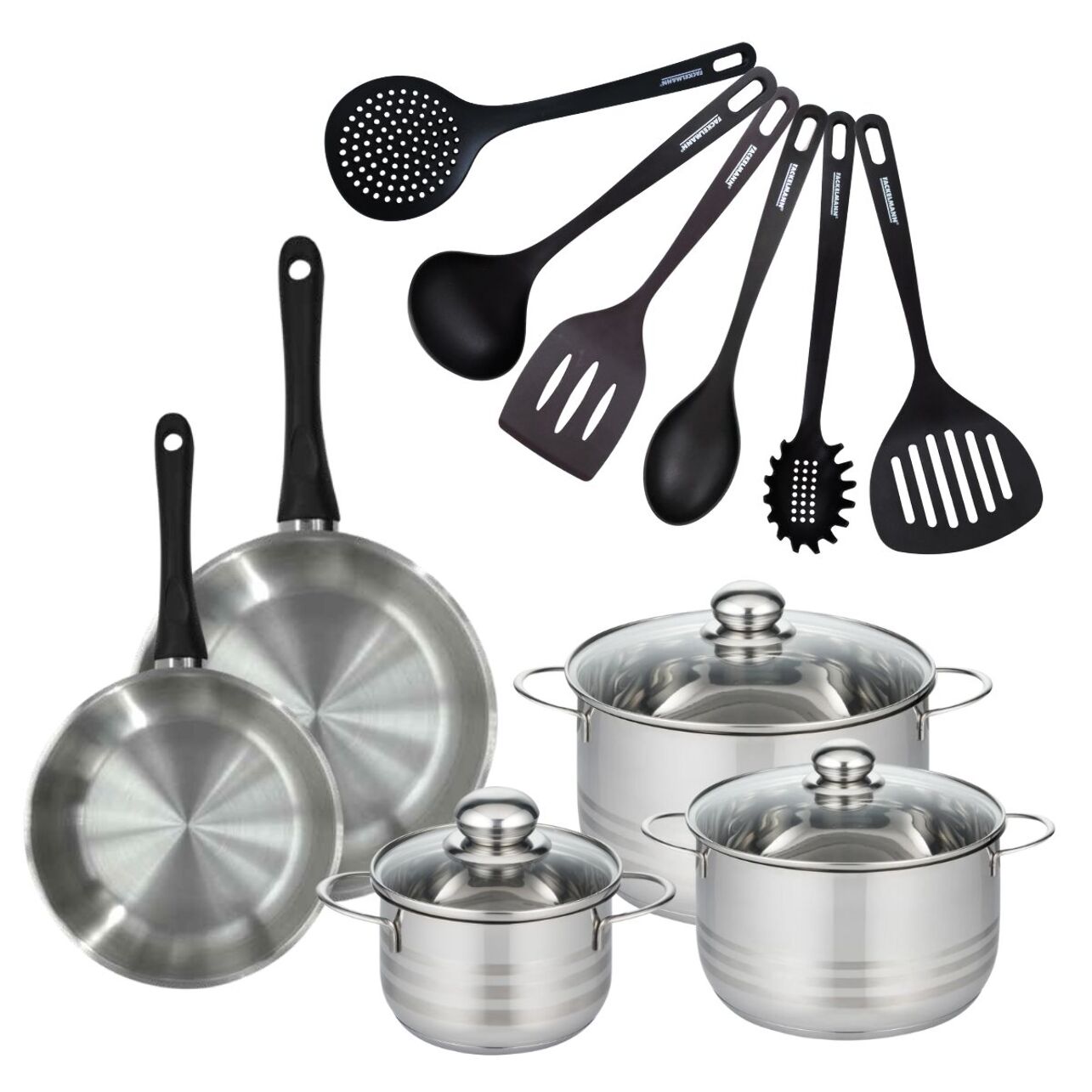 Set 2 poêles, 3 faitouts 16, 20 et 24 cm en inox et 6 ustensiles RPET Fackelmann Geneva
