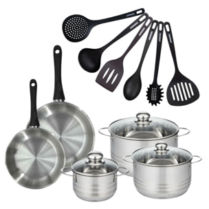 Set 2 poêles, 3 faitouts 16, 20 et 24 cm en inox et 6 ustensiles RPET Fackelmann Geneva