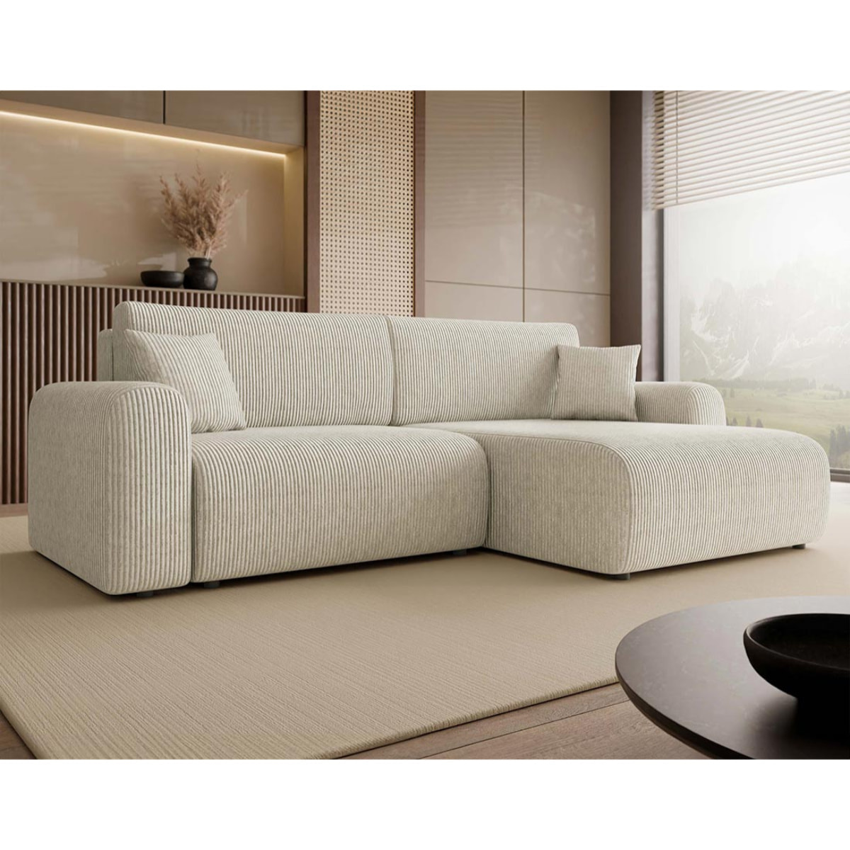 Naomi - Canapé d'angle réversible 4 places convertible avec coffre en velours côtelé - Beige