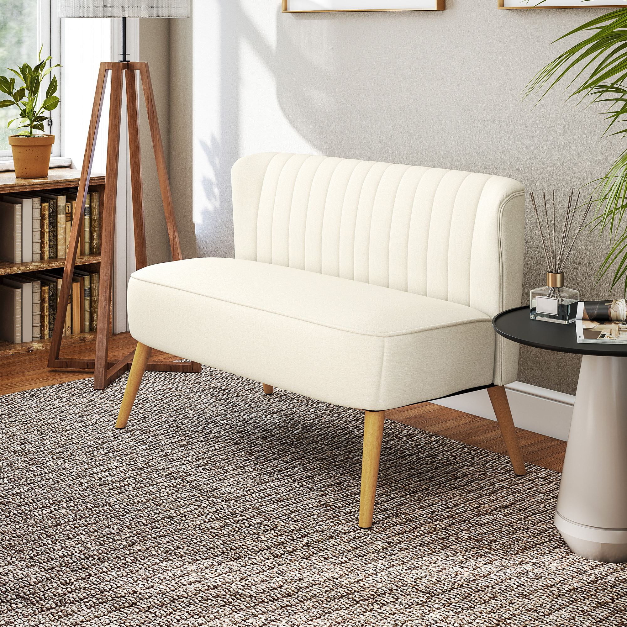 Sofá de 2 Plazas Tapizado en Lino Sintético, Sofá Moderno con Asiento y Respaldo Acolchados, Patas de Madera de Caucho, Carga 220 kg para Dormitorio, Salón, Espacios Pequeños, Blanco Crema