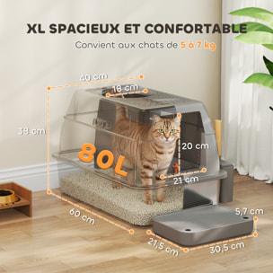 Maison de toilette bac à litière fermé acier inox - pelle, couvercle ouvrant, entrée verrouillable - gris