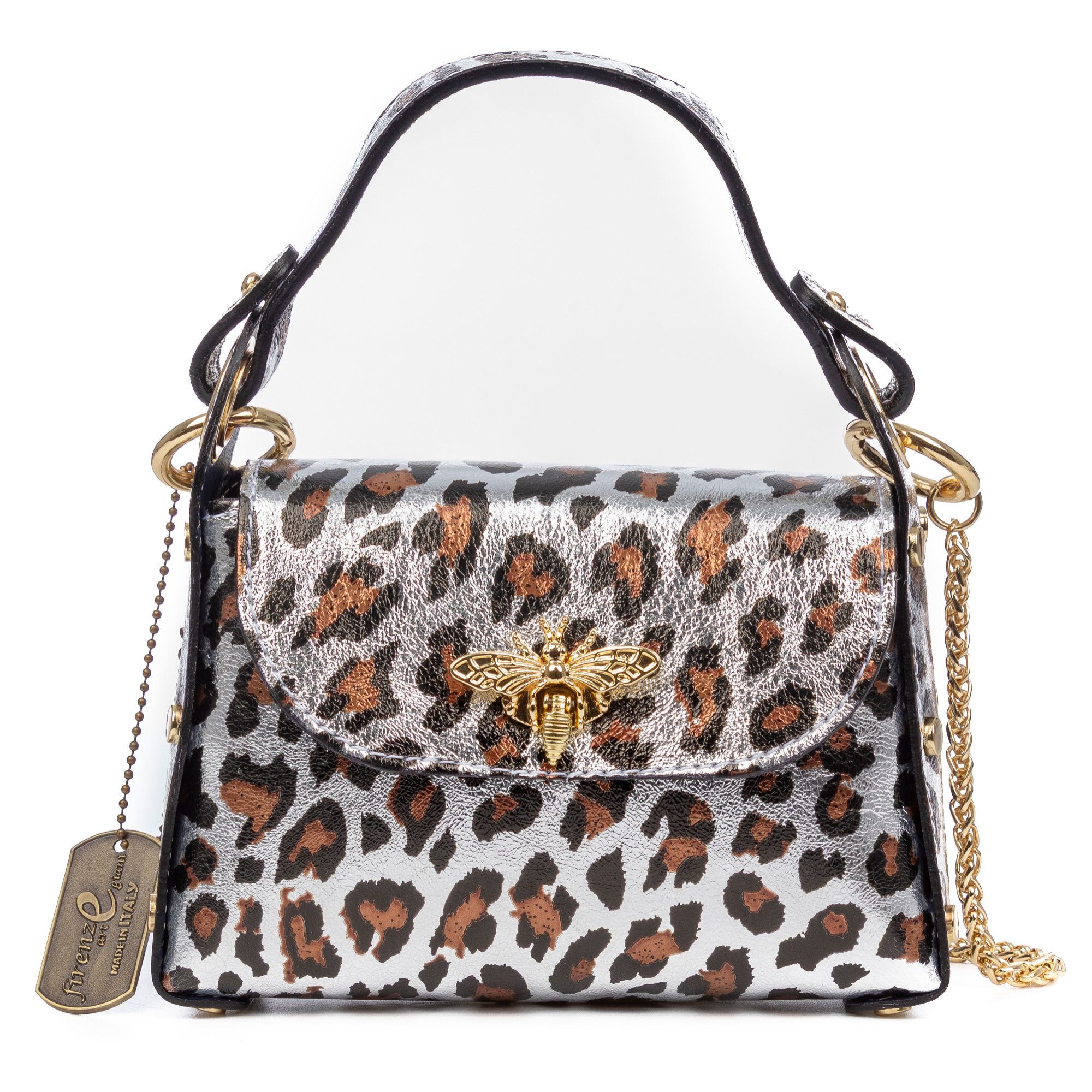 Aquileia bolso de mano mujer. Piel auténtica Gamuza con estampado animal print leopardo lacada brillante.