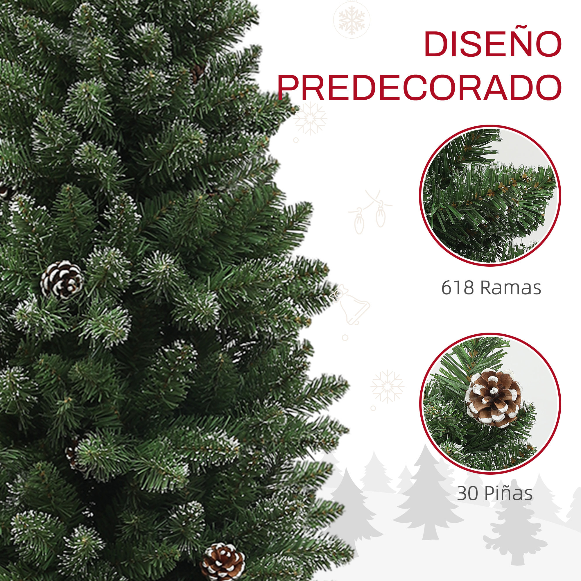 Árbol de Navidad 180 cm Árbol de Navidad Artificial con 618 Ramas 30 Piñas y Soporte de Metal Árbol Navideño para Salón Interior Verde