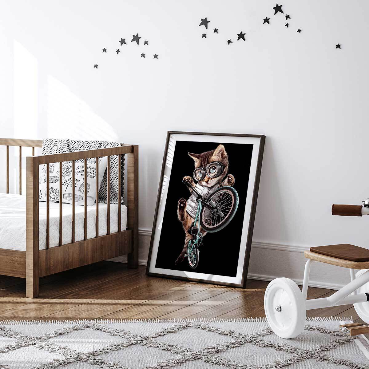 Affiche enfant bmx chat  Affiche + cadre en bois - Noir