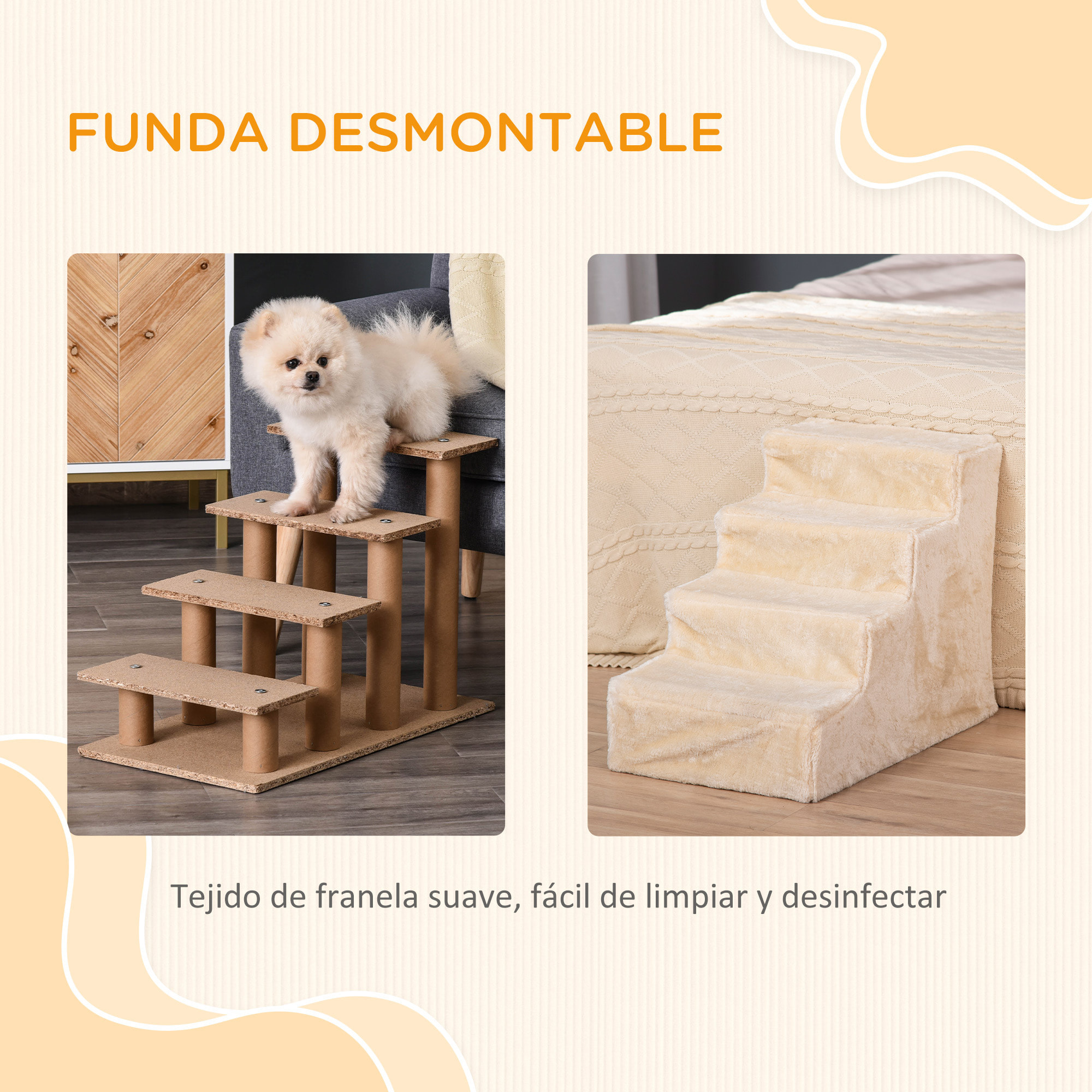 Escalera para Mascotas de 4 Peldaños 2 en 1 con Funda Extraíble y Lavable Escalera Rascadora de Perros Gatos para Cama Sofá Carga 30 kg 60x35x44 cm Beige