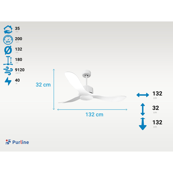 Ventilateur de Plafond ø132 cm avec Wifi Réversible Hypersilence pour 35 m² 40 W Blanc