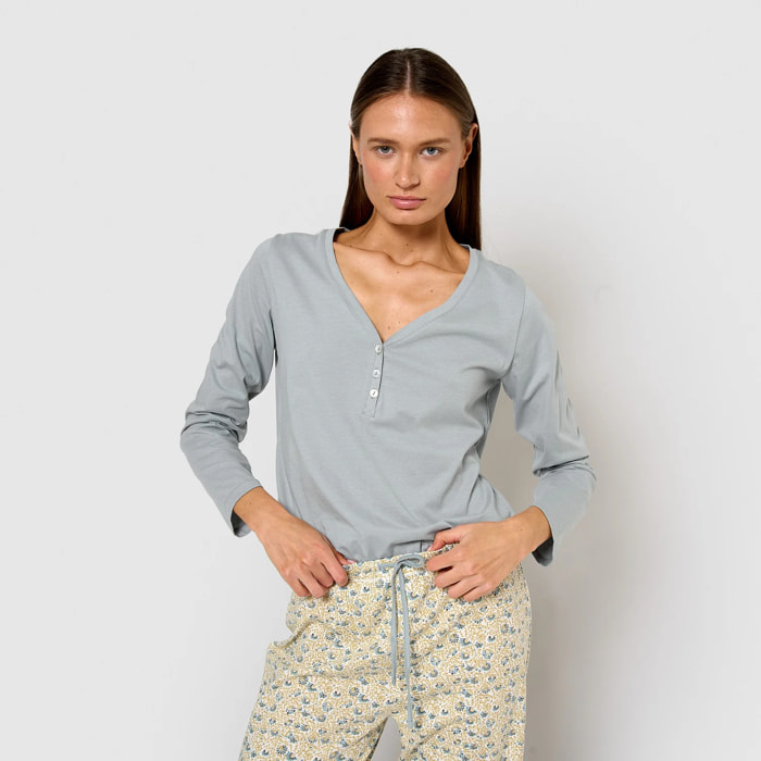 Pigiama lungo in cotone con scollo a v, domana azzurro