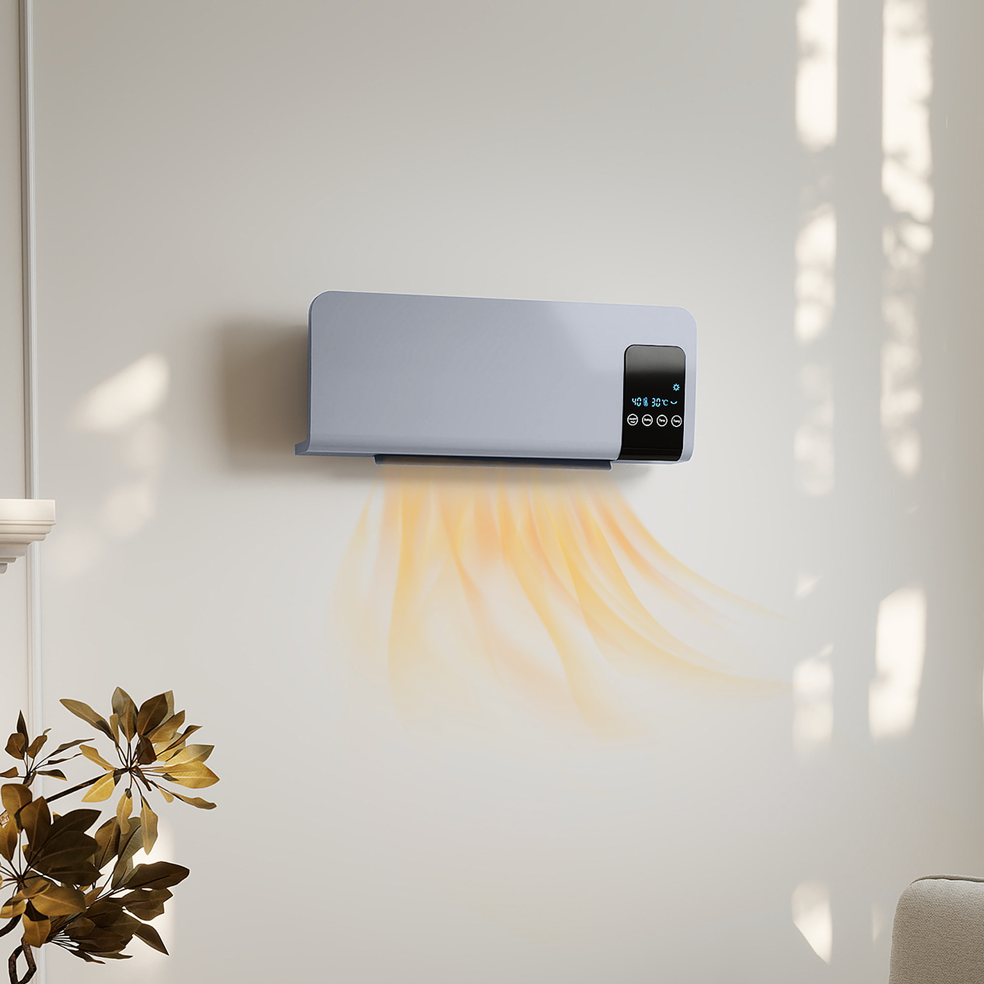 Calefactor Eléctrico Bajo Consumo, 1000W/2000W, Calefactor de Baño de Pared con Función de Oscilación, Pantalla LED, Protección contra Sobrecalentamiento, Temporizador, Mando a Distancia, Gris