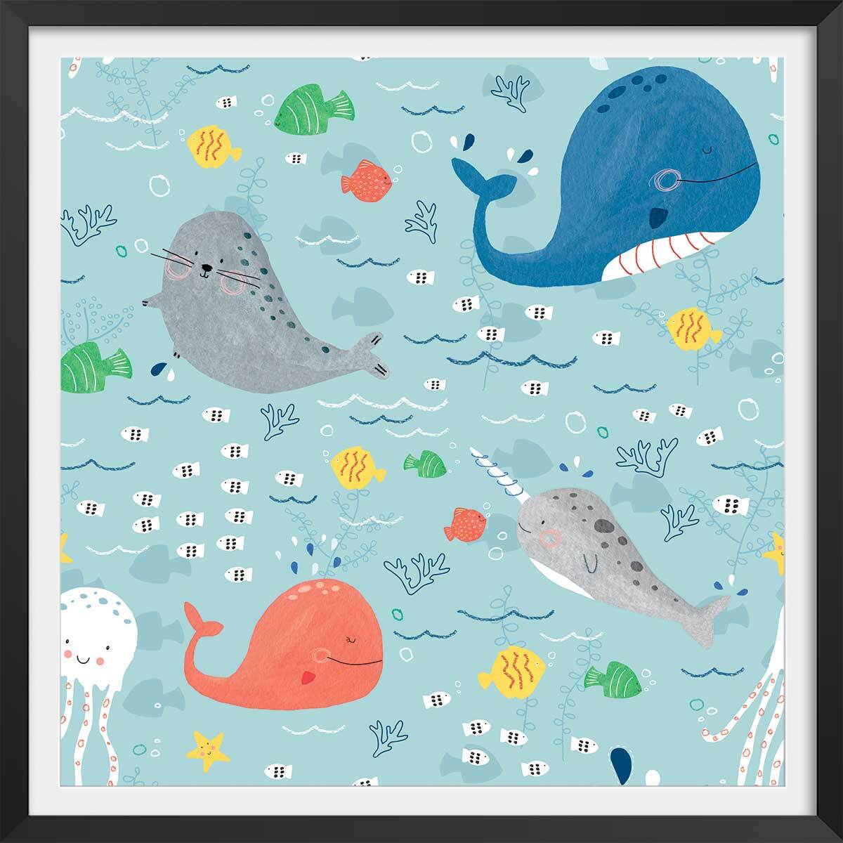 Affiche enfant happy ocean Affiche + cadre en bois - Noir